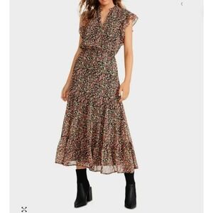 BB Dakota Steve Madden Black Floral Ruffle Boho Midi Dress Women's Cottagecore L